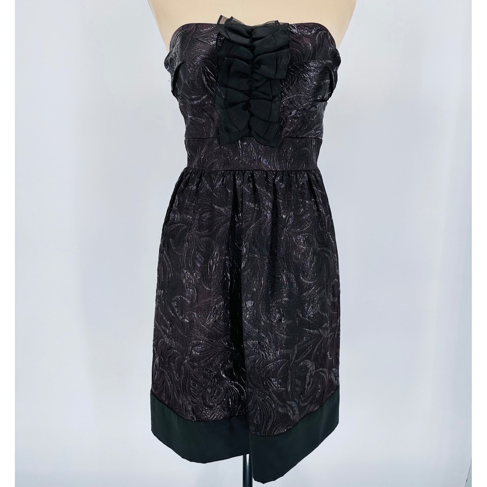 BCBG Paris Strapless Metallic Jacquard Ruffle Cocktail‎ Dress Black Size 8 NEW